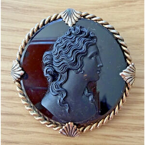 Vintage Black Cameo Brooch Gold Tone Frame Classical Lady Portrait Pin